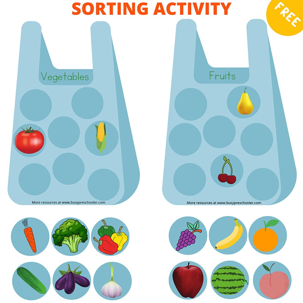 fruit and vegetable food sorting activity for preschool and kindergarten